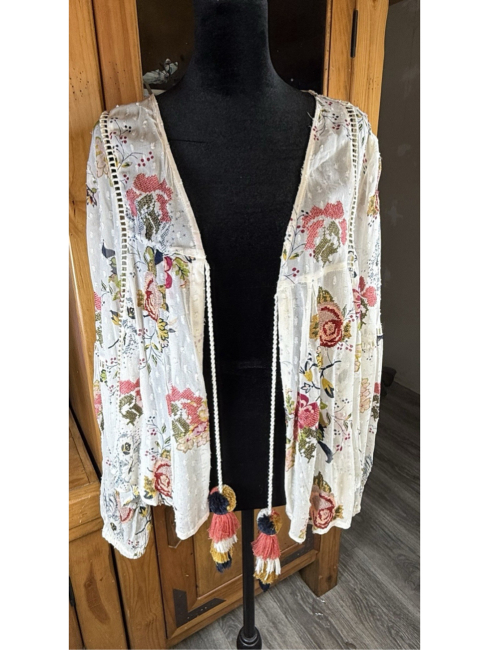 ZARA Woman XS Floral Embroidered Open Sheer Cardigan Tassels